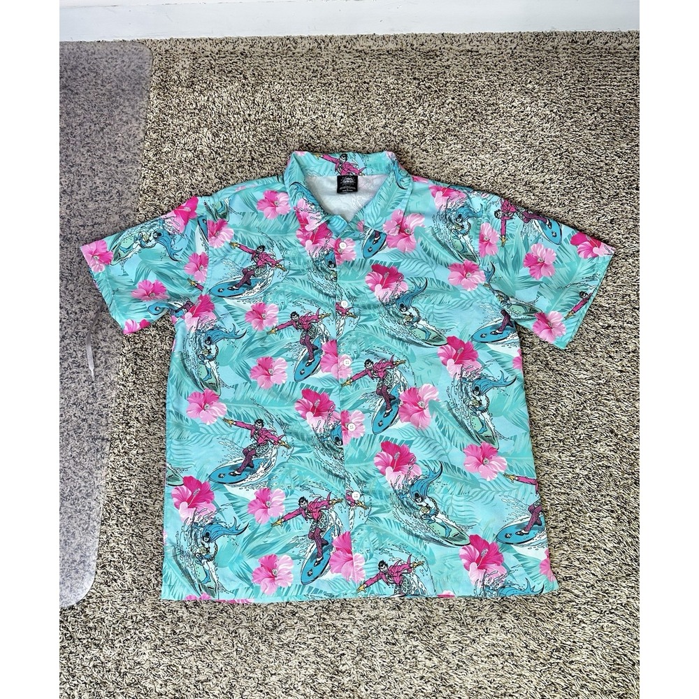 Batman Hawaiian Shirt Mens Medium Surf Beach Aloha Joker Floral Surf Hibiscus